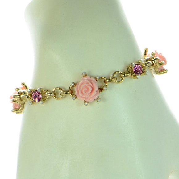 Oscar de la Renta Crystal andPink Resin Flower Toggle Bracelet